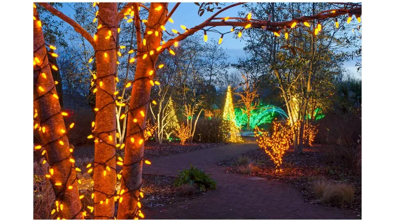 night-time water fall down lit-up boulders, shrubs, and vase theming